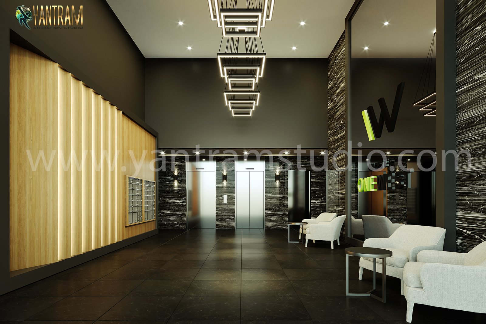 Modern gym reception interior 3D rendering with stylish lighting and contemporary lounge seating. 3D rendering – 3D visualization by Yantram Studio