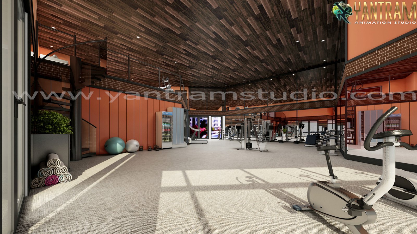 Modern fitness center interior rendering with cardio equipment, wooden ceiling design, free weights area, and contemporary gym layout – visualization by Yantram Studio. – 3D rendering by Yantram Studio