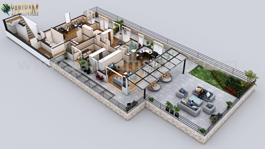 architectural, rendering, studio, visualization, services, design, Idea, floor plan, residential, home, apartment, villa, bungalow, ground floor, 2000 sq ft, 3 bedroom, kitchen, living room, agency, virtual reality, firm, company, companies, view