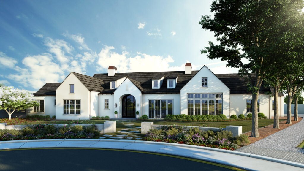 Modern luxury villa exterior with white façade, arched entrance, landscaped garden, and photorealistic architectural 3D exterior rendering.