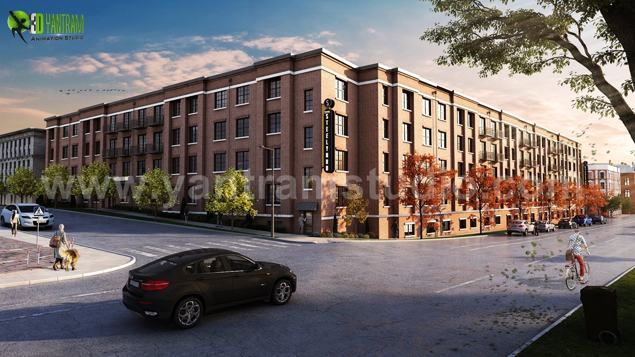 Brick residential apartment complex 3D rendering with urban street view, pedestrians, and autumn trees – 3D exterior rendering by Yantram Studio