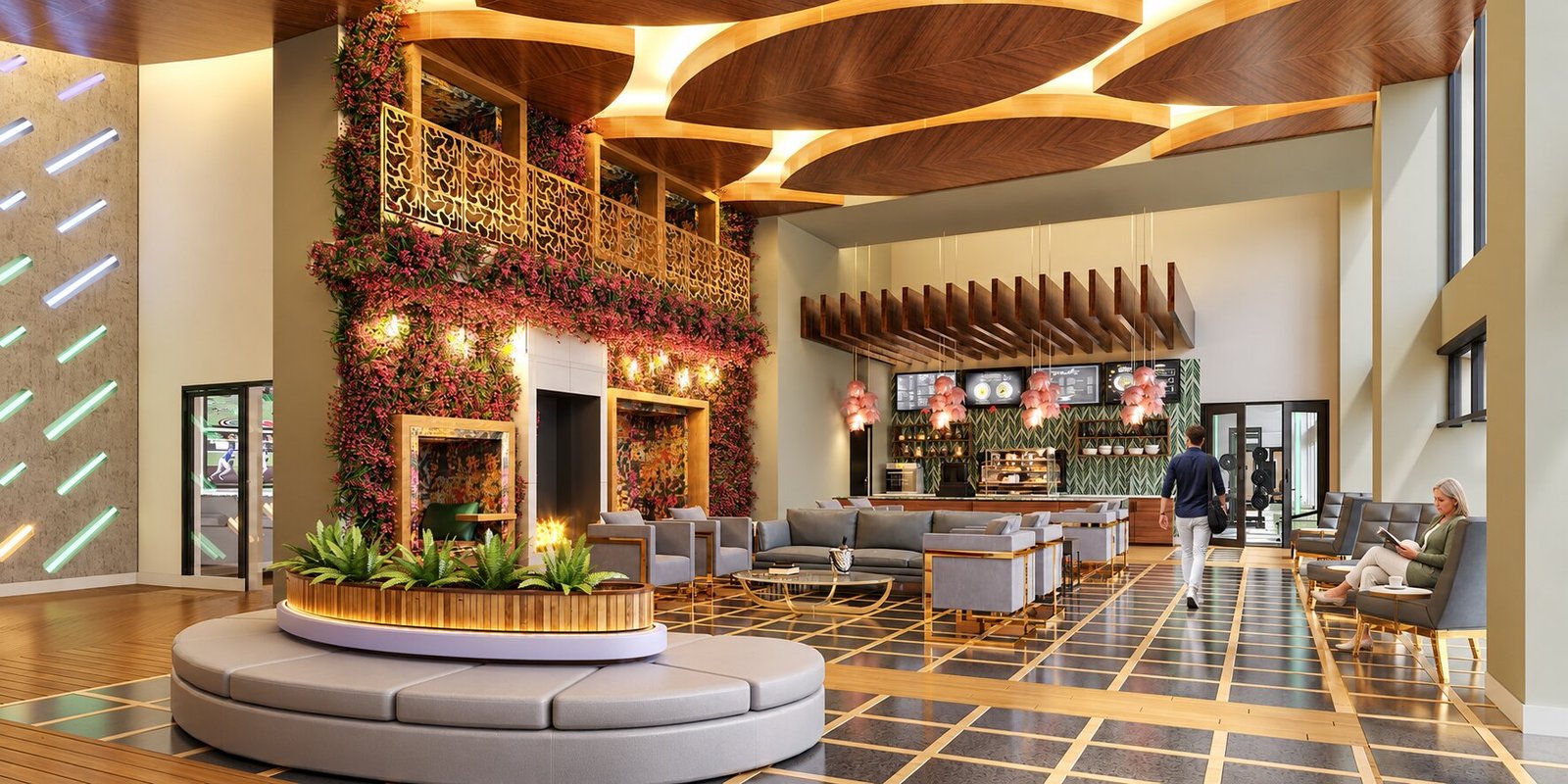 Modern apartment lobby interior design with unique features — 3D Interior Rendering El Paso
