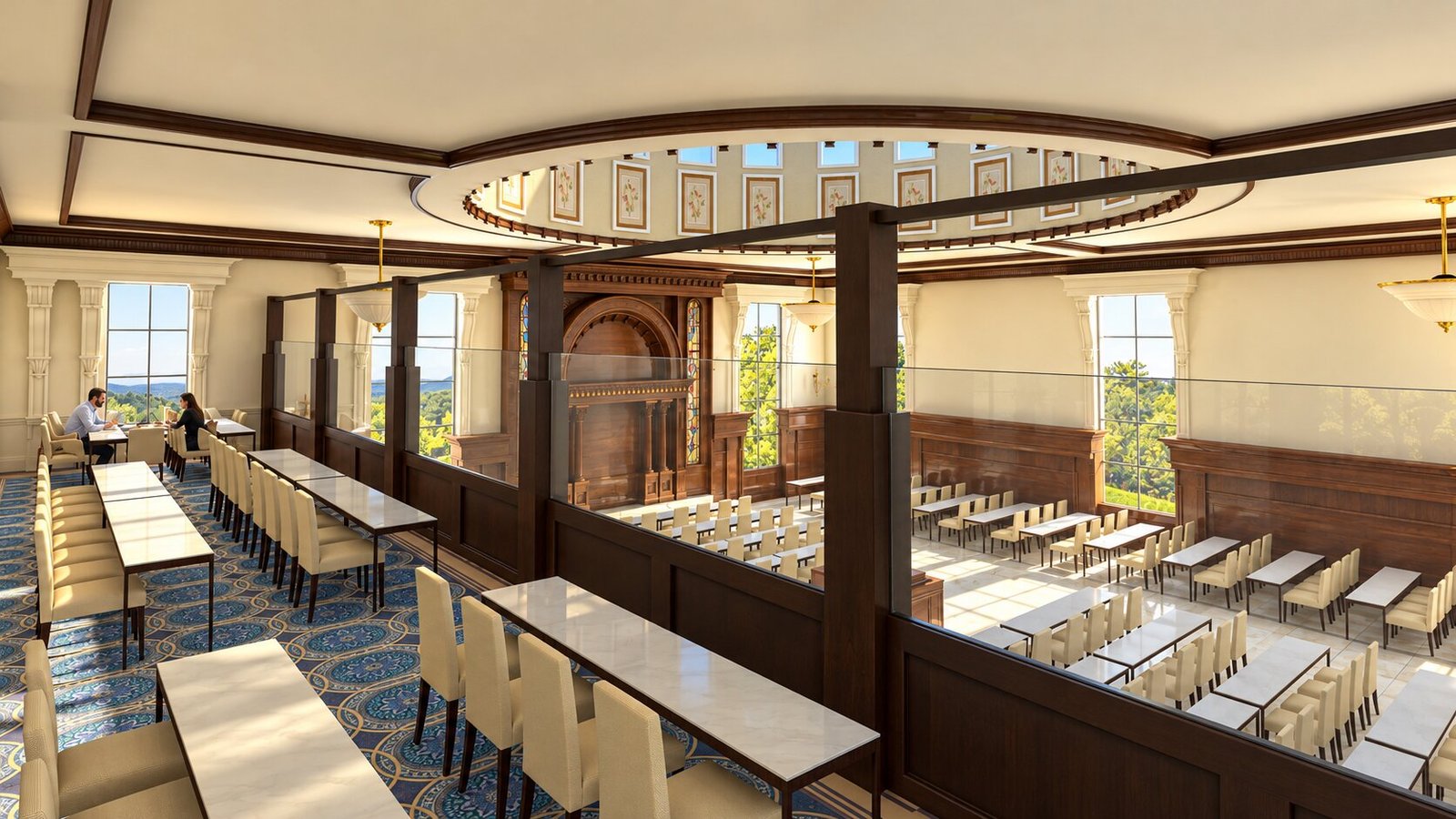 Modern church interior design with tables and seating — Worship Space 3D Rendering