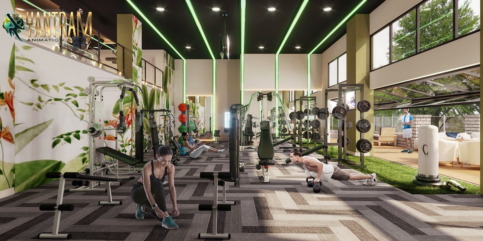 Photorealistic 3D gym interior visualization with modern fitness equipment, green LED ceiling lights, large windows, and people exercising in a spacious workout area.