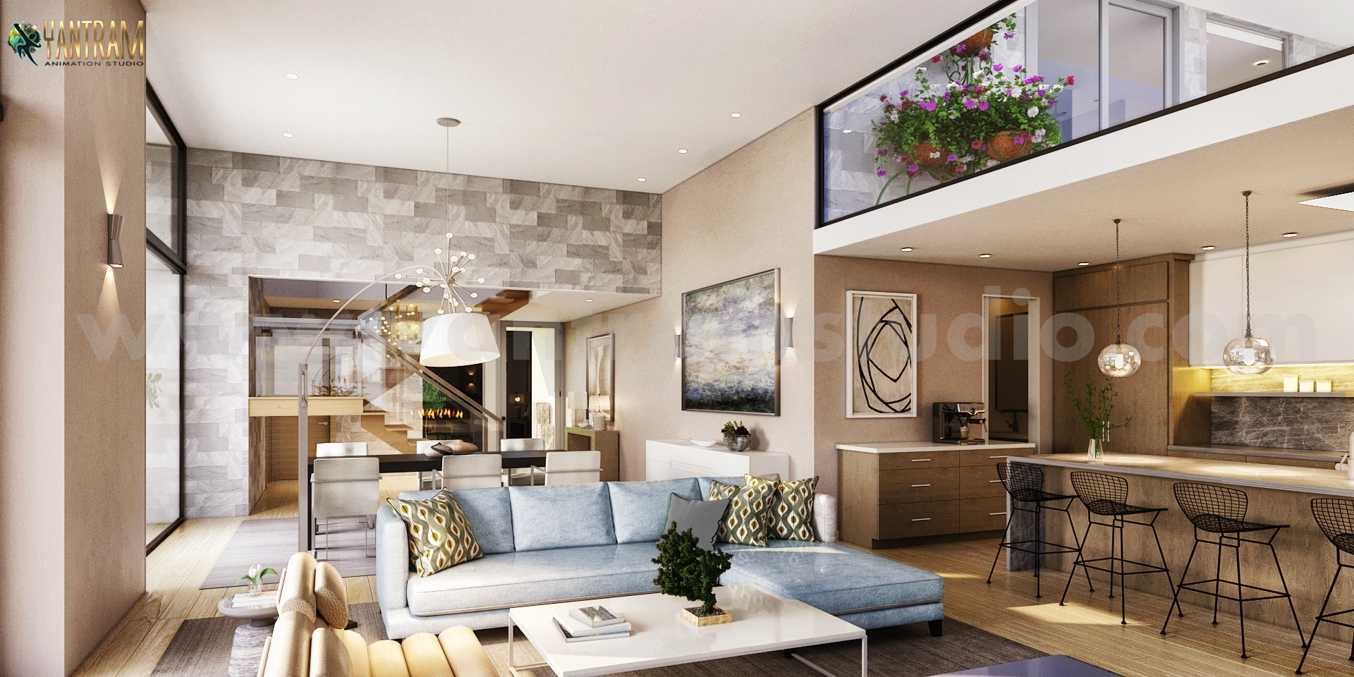 Modern & Innovative Residential living Area 3D Interior Modeling by Yantram 3d interior design firms, Moscow – Russia