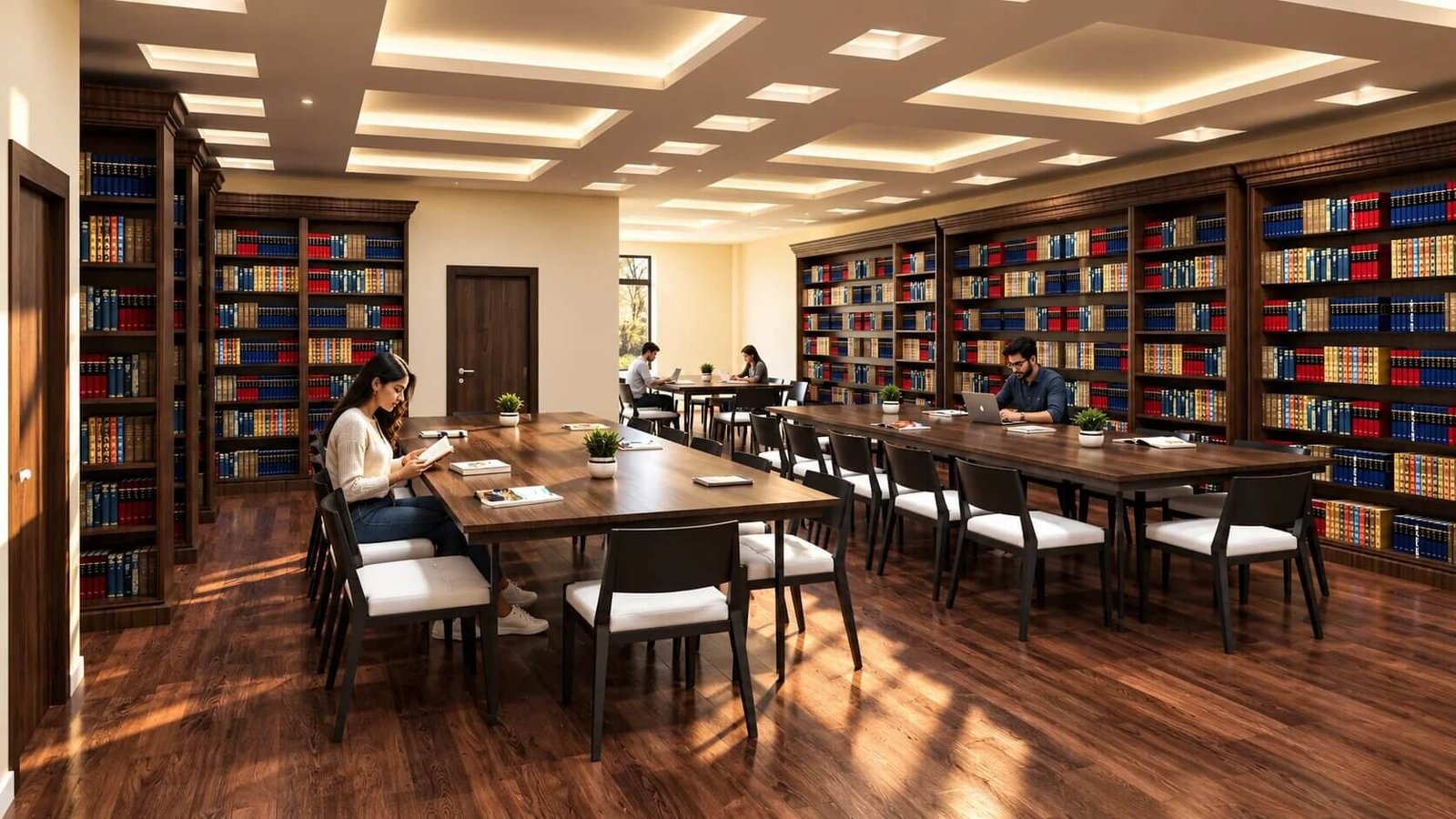 Modern library reading room with ample seating and bookshelves — Interior Photorealistic Cgi