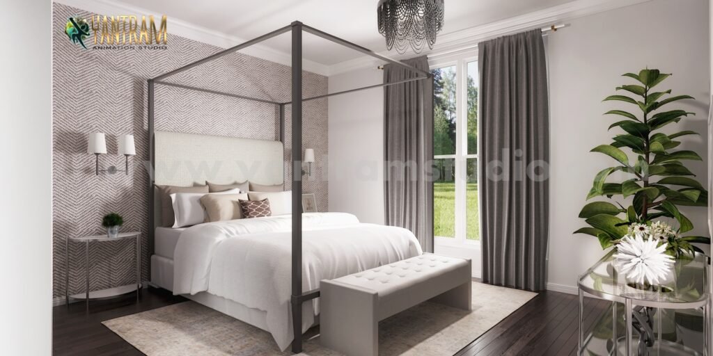3D interior rendering of a modern bedroom with a canopy bed, neutral décor, large windows with curtains, and indoor plants creating a calm and elegant atmosphere.