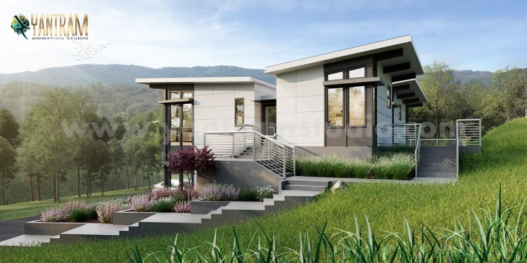 Modern Minimalist House Exterior – 3D Architectural Visualization Modern minimalist house design on a landscaped hillside with large windows and contemporary architecture in 3D exterior rendering.