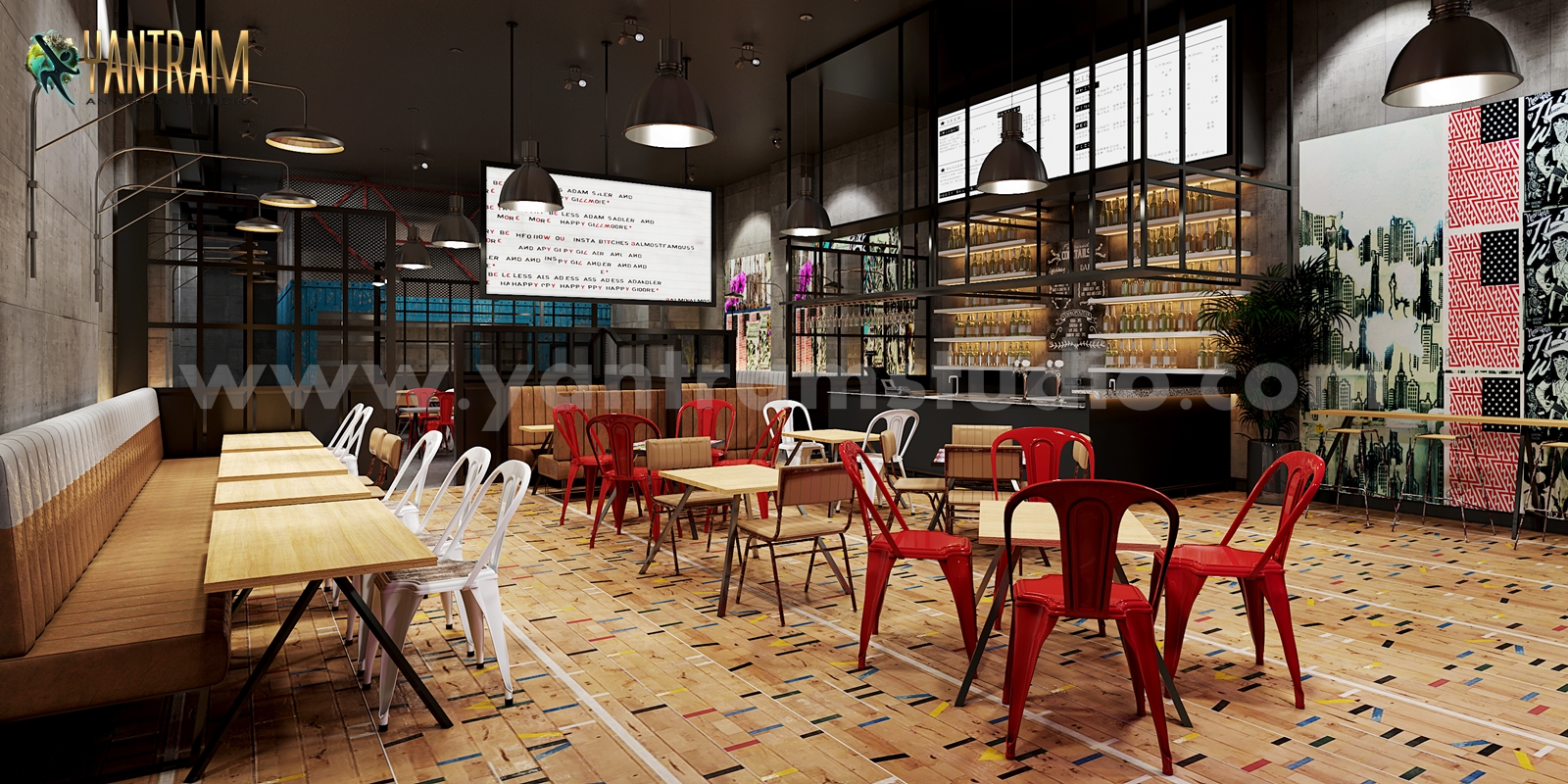 3D Interior Modeling of Architectural Cafe Design with seating area by Architectural Rendering Companies, Rome – Italy
