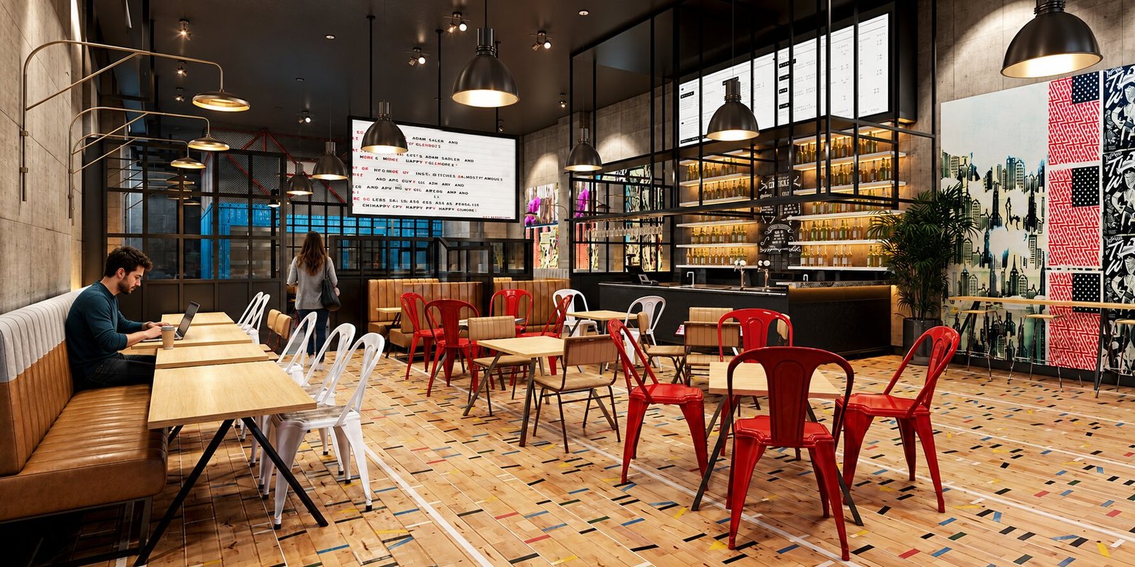 Modern office cafe area with stylish seating and decor