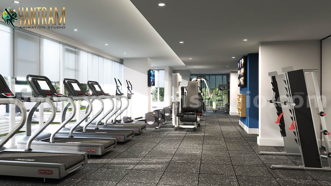 Modern gym interior 3D rendering with treadmills, cardio machines, and spacious fitness workout area.