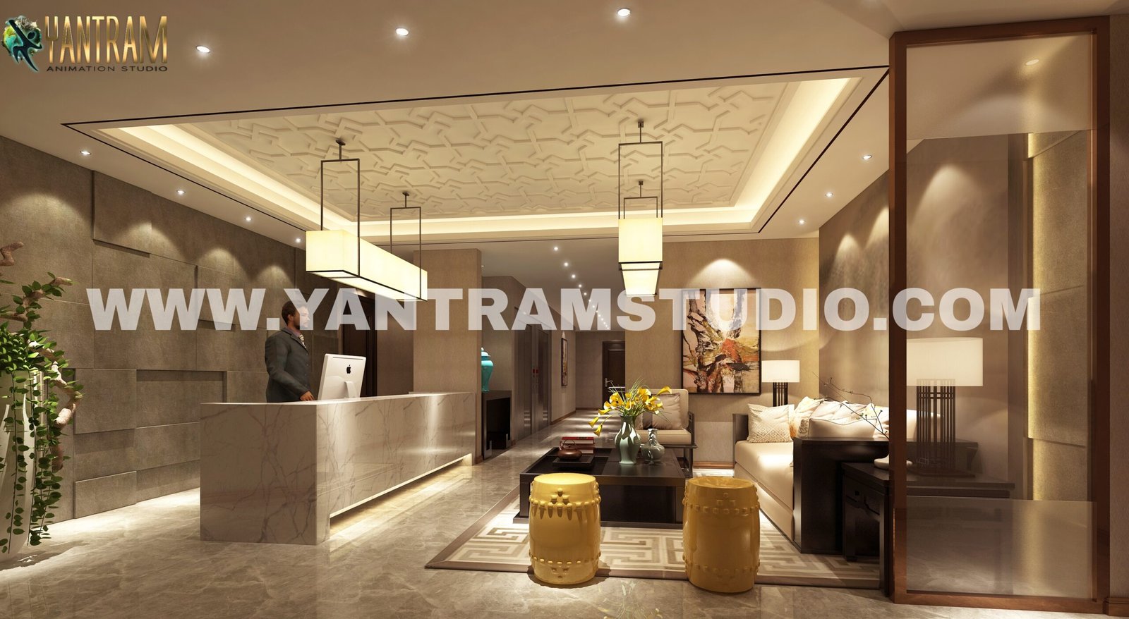 innovative Hotel resort Lobby reception Waiting Area Photo realistic 3d interior rendering studio