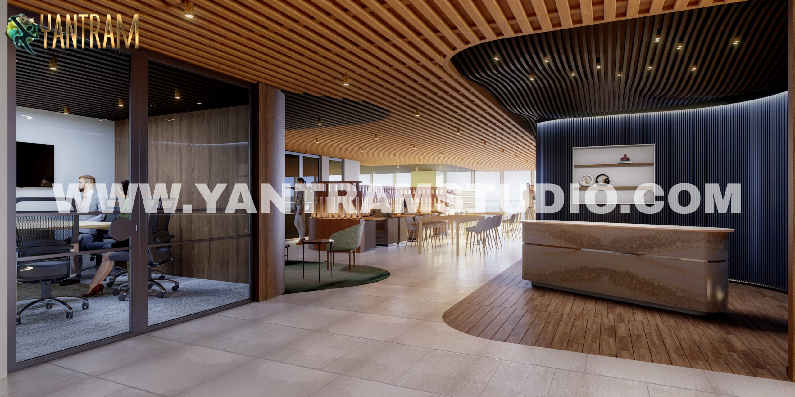 Modern Office Reception Area Interior Design by Yantram 3d interior rendering company Pearland, Texas