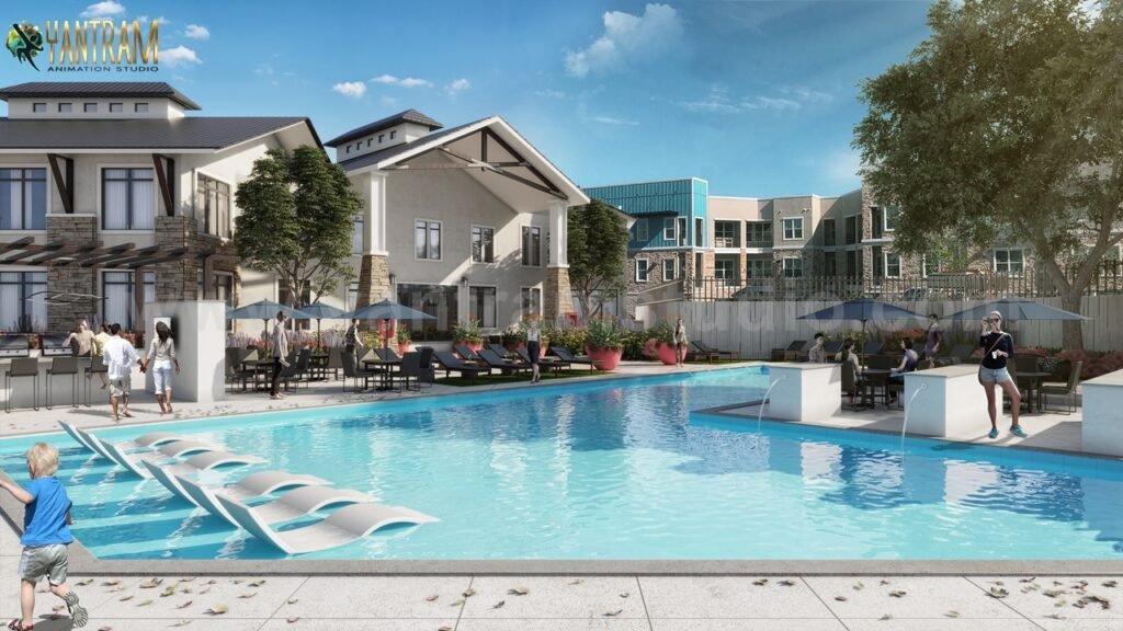 Luxury apartment complex with resort-style swimming pool, sun loungers, poolside seating areas, landscaped courtyard, and modern residential buildings.