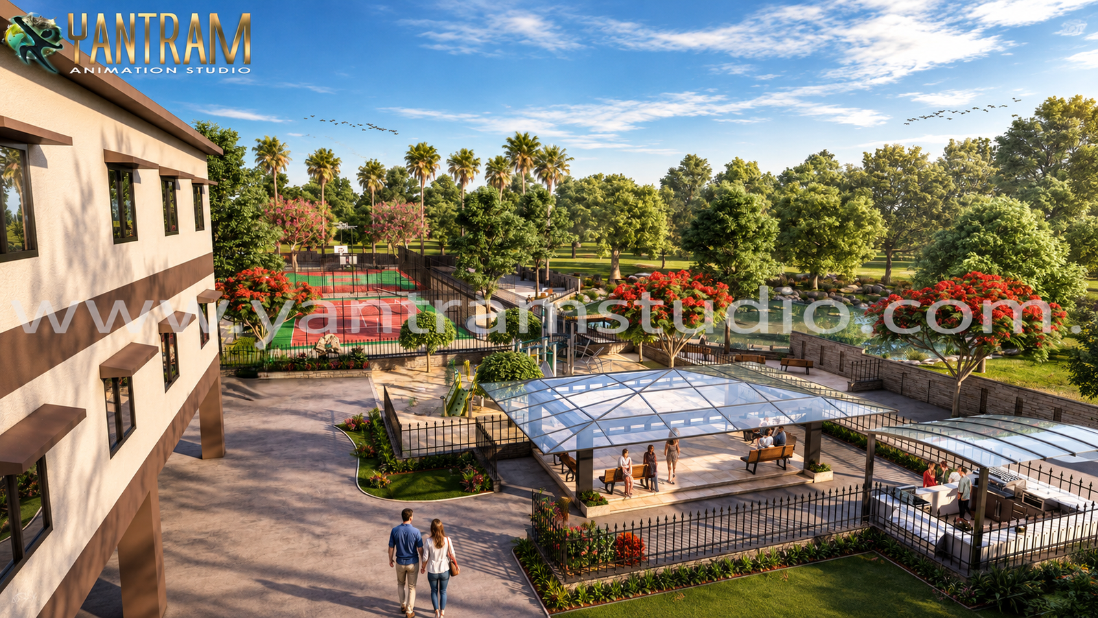 3D architectural visualization of a landscaped residential courtyard featuring shaded seating areas, walking paths, greenery, and community recreational spaces.