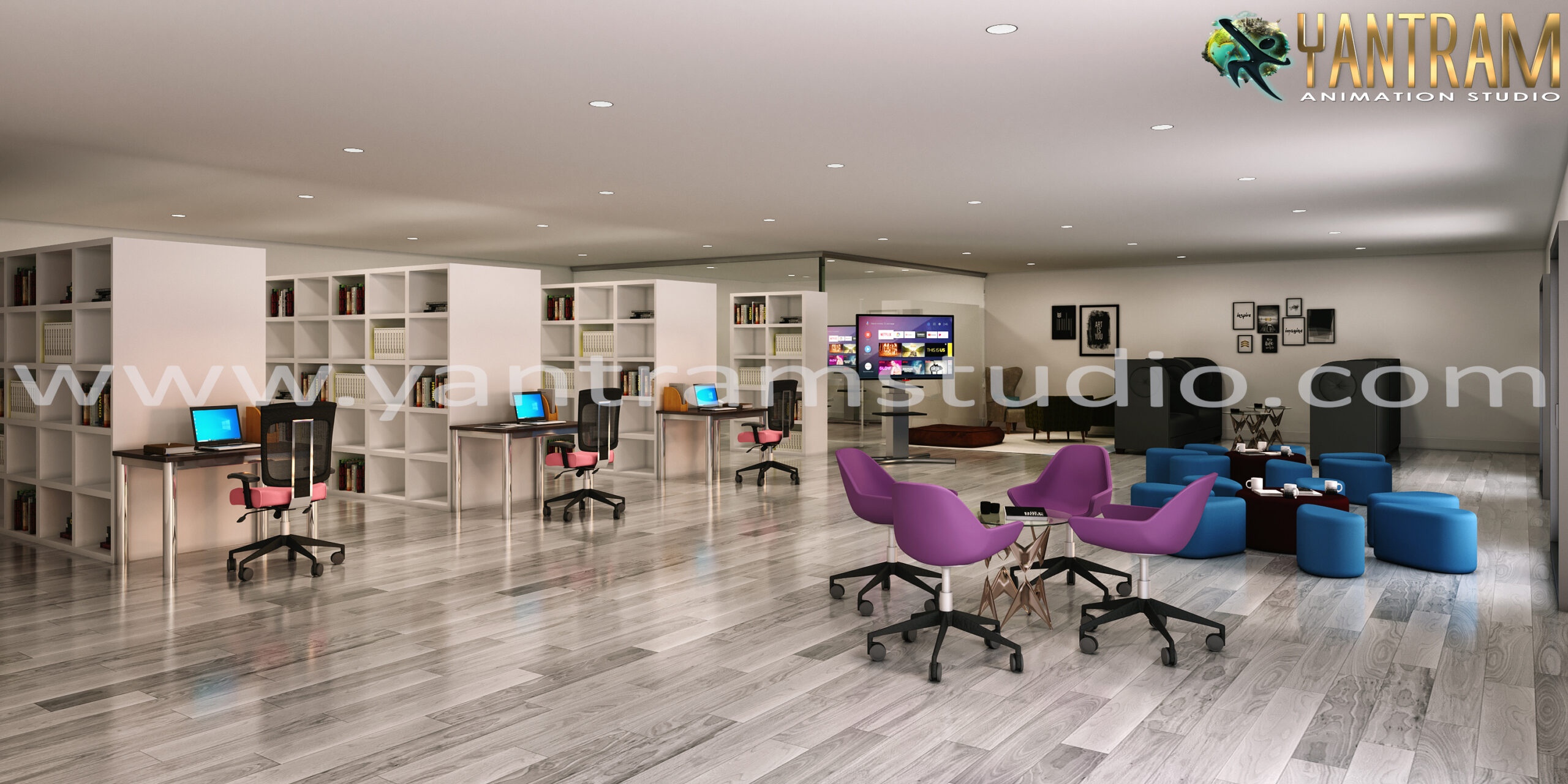 3d interior design of Amazing Office & massive sitting area by Yantram CGI Design Studio, Baltimore, Maryland