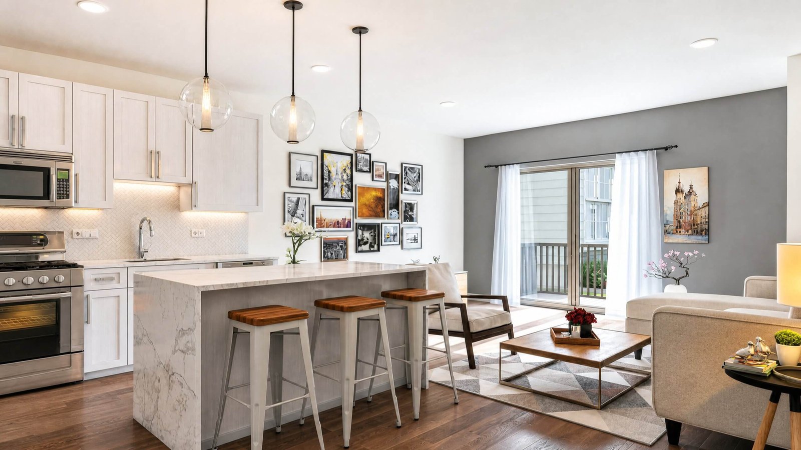 Stylish kitchen and living area interior design