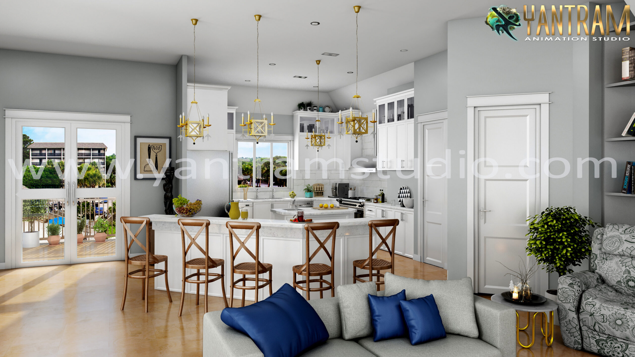 Beautiful 3d interior design of kitchen by Yantram residential interior design studio-Chicago, Illinois