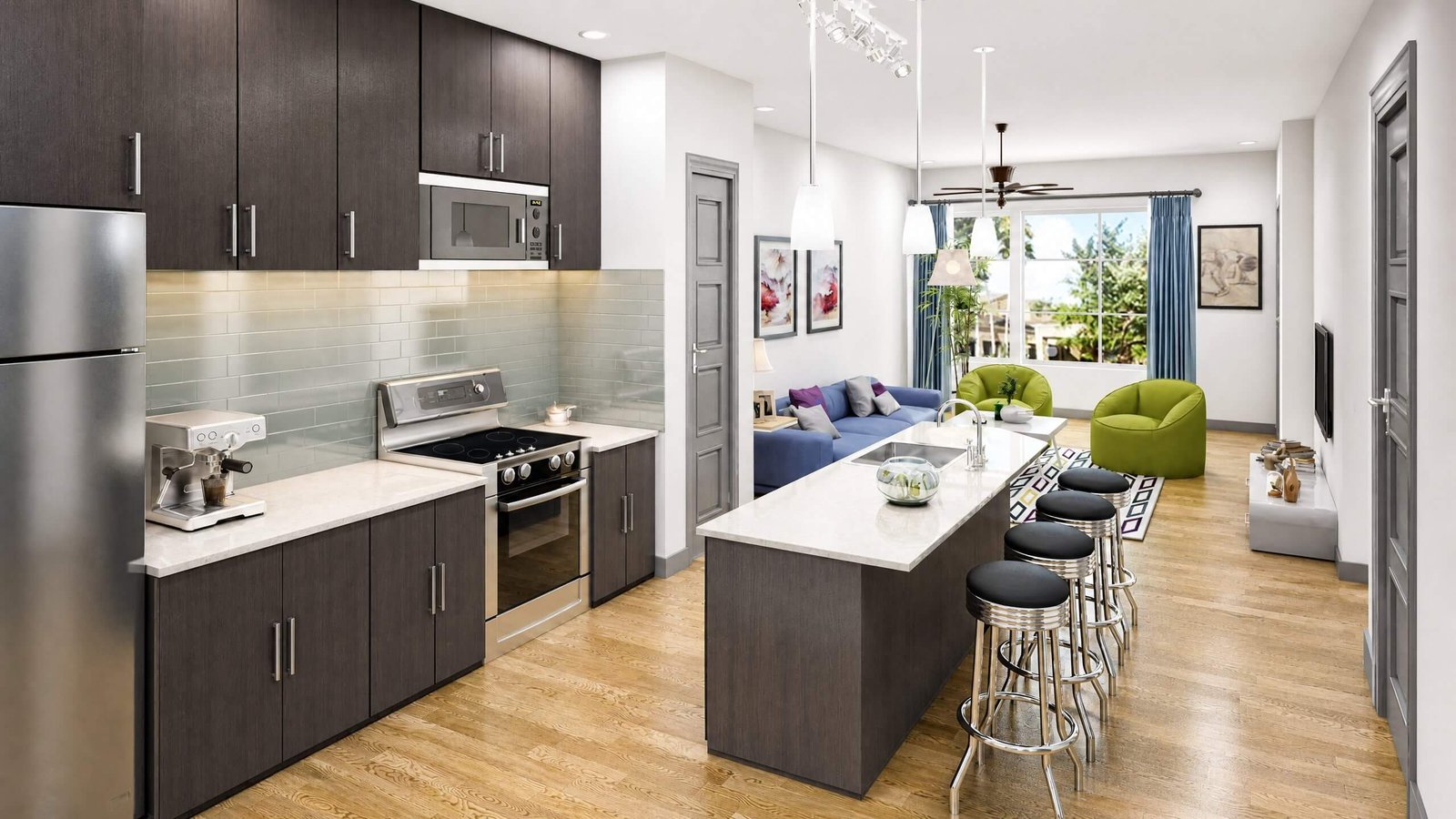 Contemporary kitchen and dining area with dark cabinetry, island seating, and interior garden view