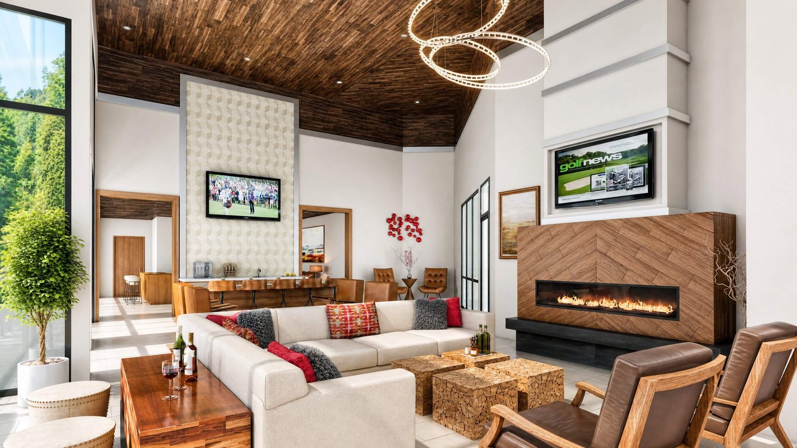 Open-plan living room with fireplace, L-shaped sofa, and natural lighting from large windows