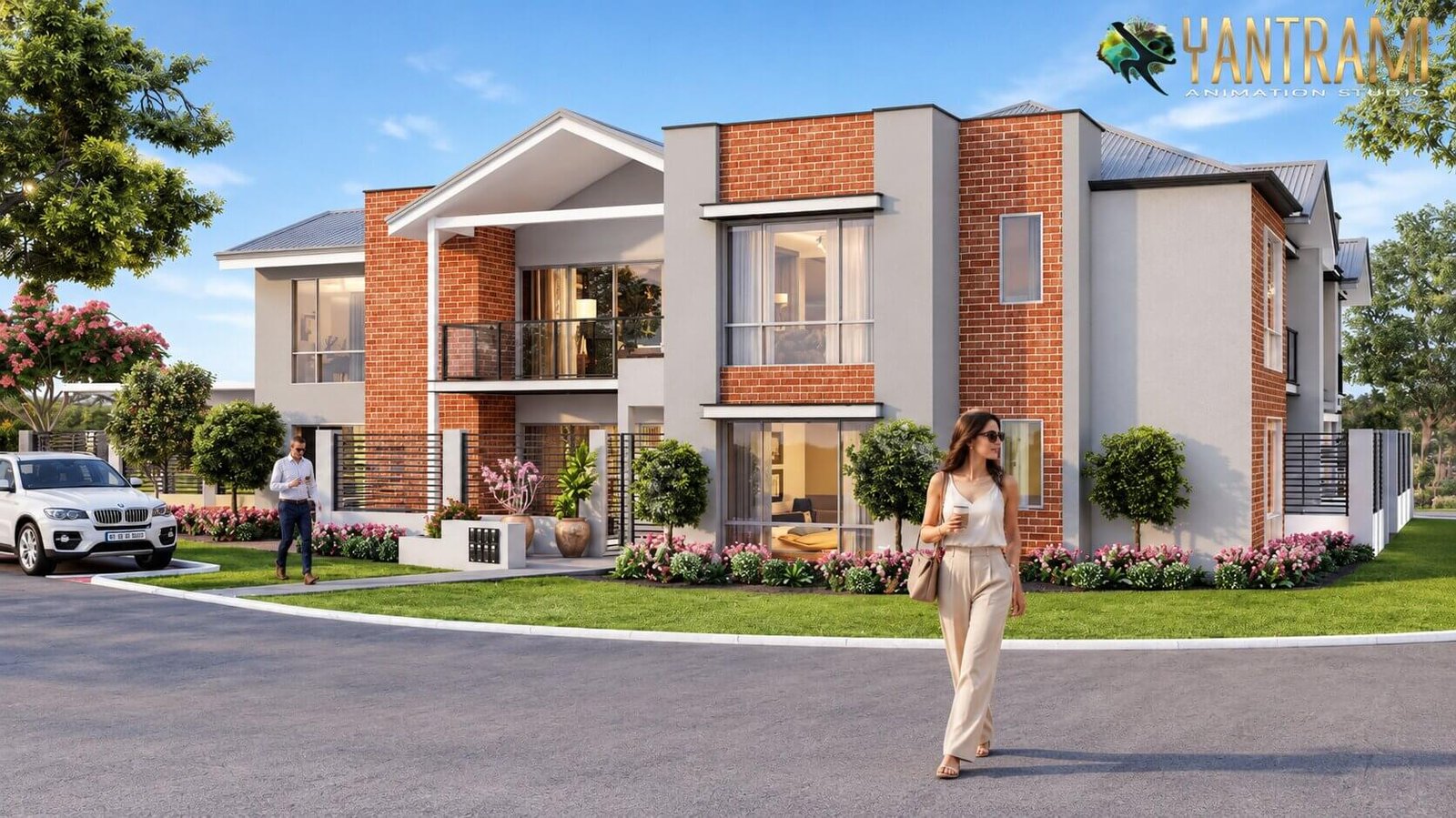 Modern bungalow exterior design with brick and glass