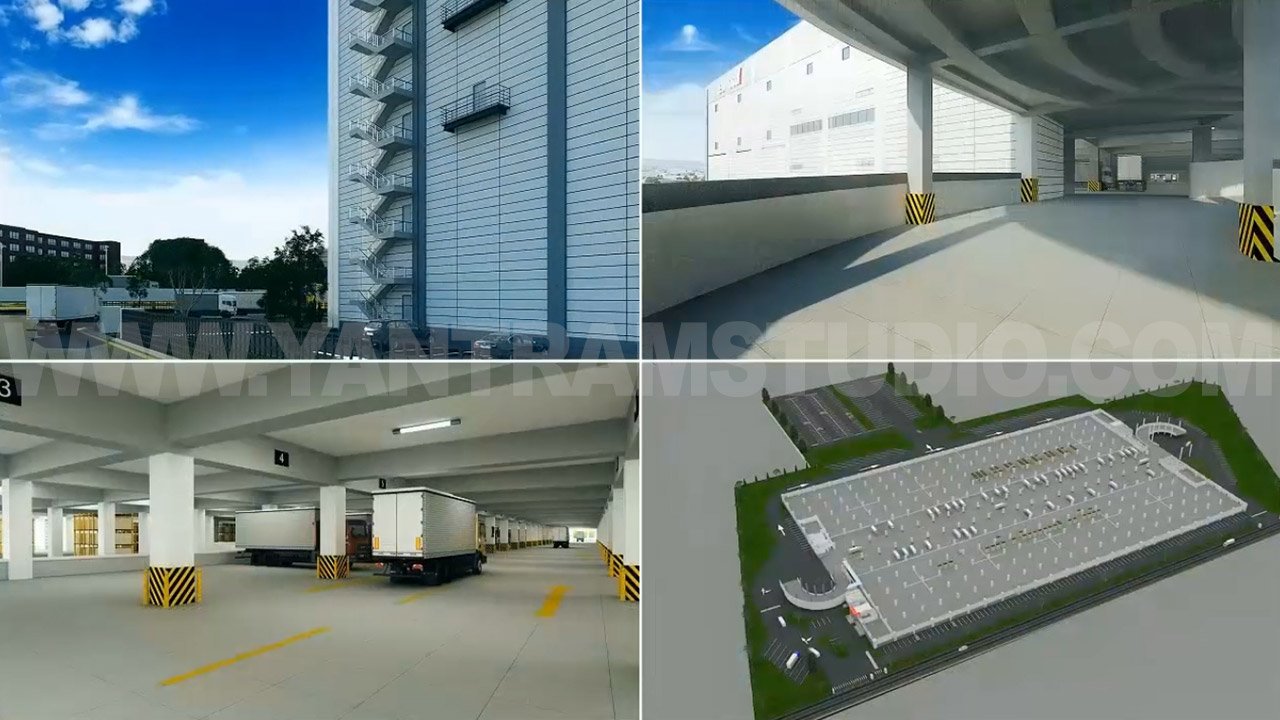 Architectural visualization collage showing a multi-level commercial parking garage exterior, interior parking bays with vehicles, structural ramps, and an aerial site layout of a large parking facility.