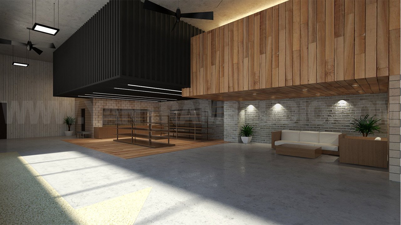 Photorealistic commercial interior featuring wooden wall and ceiling cladding, brick accent wall, modern sofa seating, indoor plants, industrial-style ceiling panels, and concrete flooring with natural light.