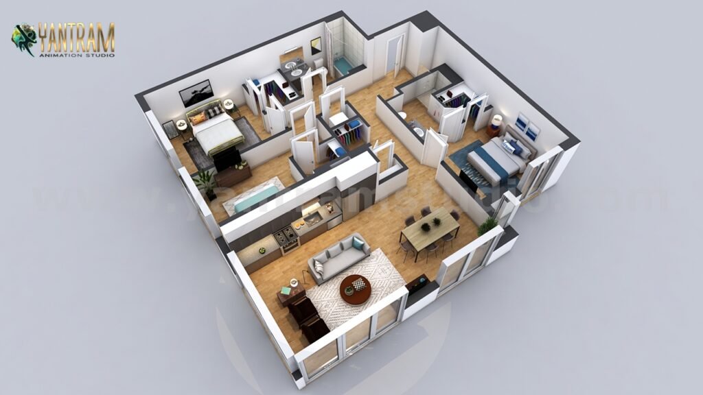 3D floor plan rendering of a two-bedroom residential apartment with living room, kitchen, and complete bathroom layouts in isometric view
