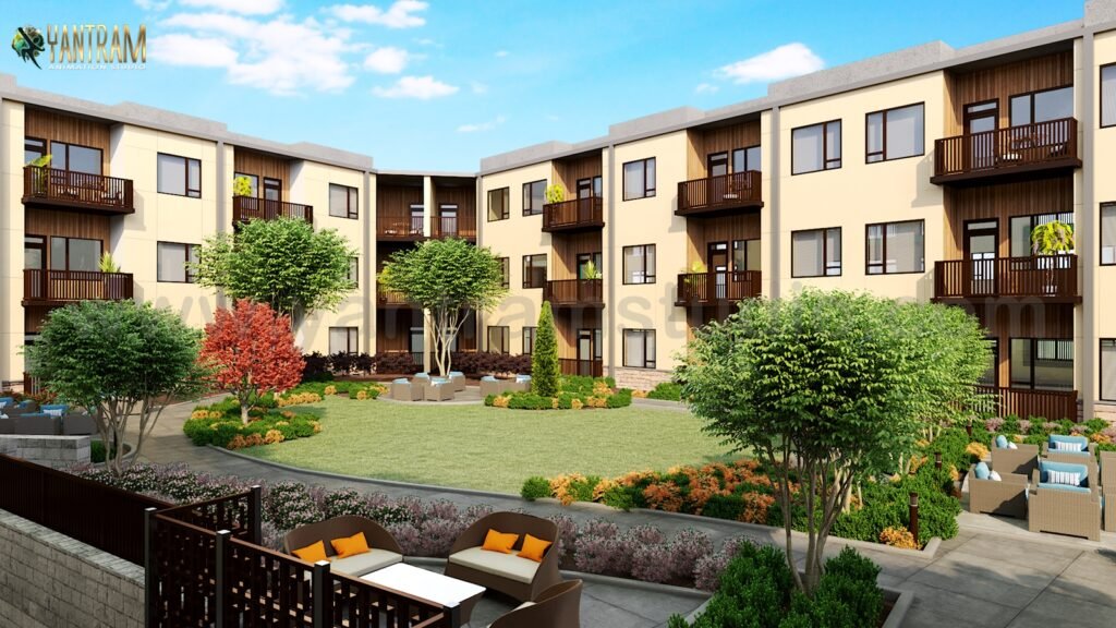 Modern Apartment Courtyard Exterior 3D Rendering Modern apartment courtyard exterior 3D rendering with landscaped garden, balconies, and residential buildings.