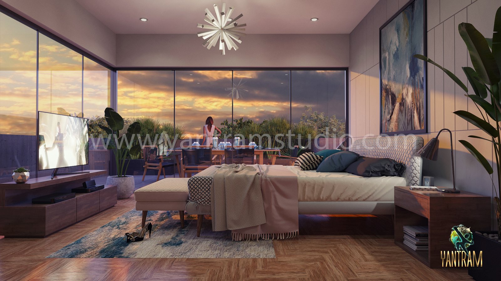 Luxury modern bedroom with floor-to-ceiling glass walls, sunset city view, contemporary platform bed, wooden flooring, and balcony access.– 3D exterior rendering by Yantram Studio