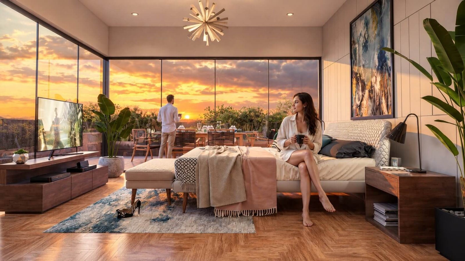 Luxury modern bedroom with floor-to-ceiling glass walls, sunset city view, contemporary platform bed, wooden flooring, and balcony access.– 3D exterior rendering by Yantram Studio