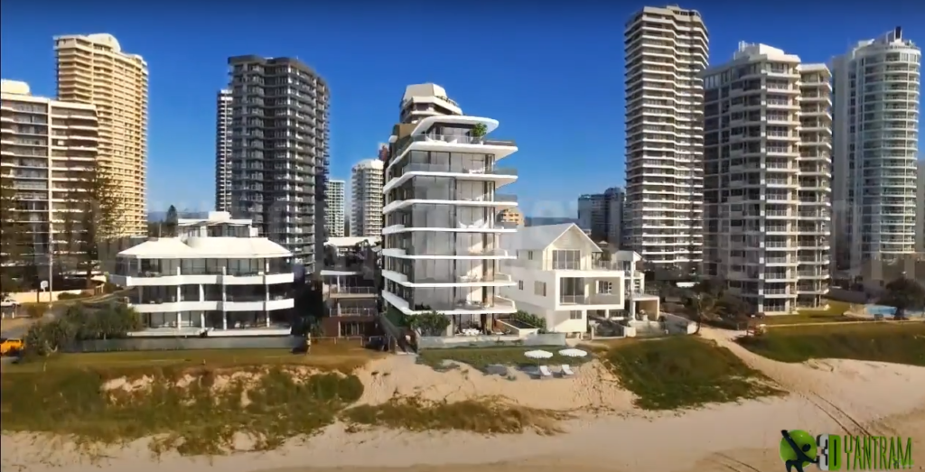 Exterior visualization of high-rise beachfront residential building