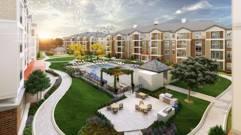 Modern Apartment Courtyard with Pergola – 3D Residential Architectural Visualization 3D architectural rendering of a modern apartment courtyard with landscaped garden, pergola seating area, and residential buildings at sunset.
