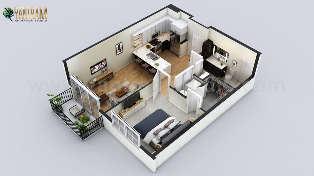 architectural, rendering, studio, visualization, services, design, Idea, floor plan, residential, home, apartment, villa, bungalow, ground floor, 500 sq ft, 1 bedroom, kitchen, living room, companies, agency