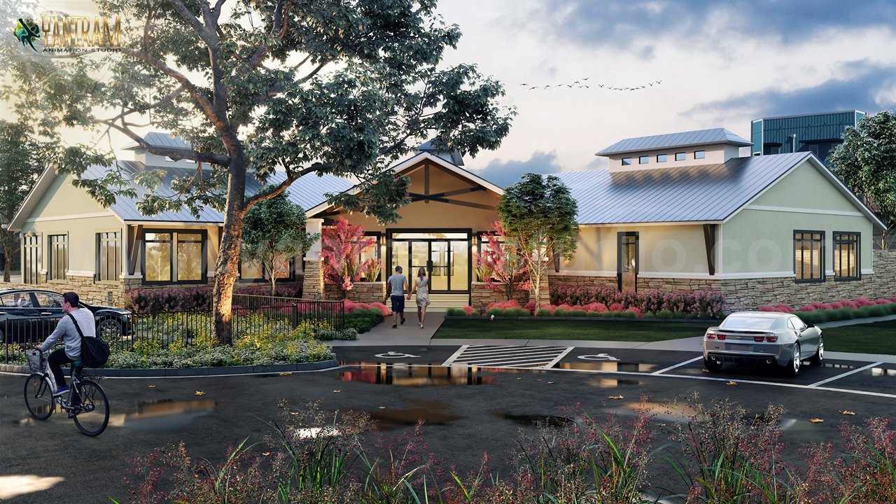 Modern community center exterior visualization with landscaped gardens, parking area, pedestrians, cyclist, and warm sunset lighting — photorealistic architectural rendering.