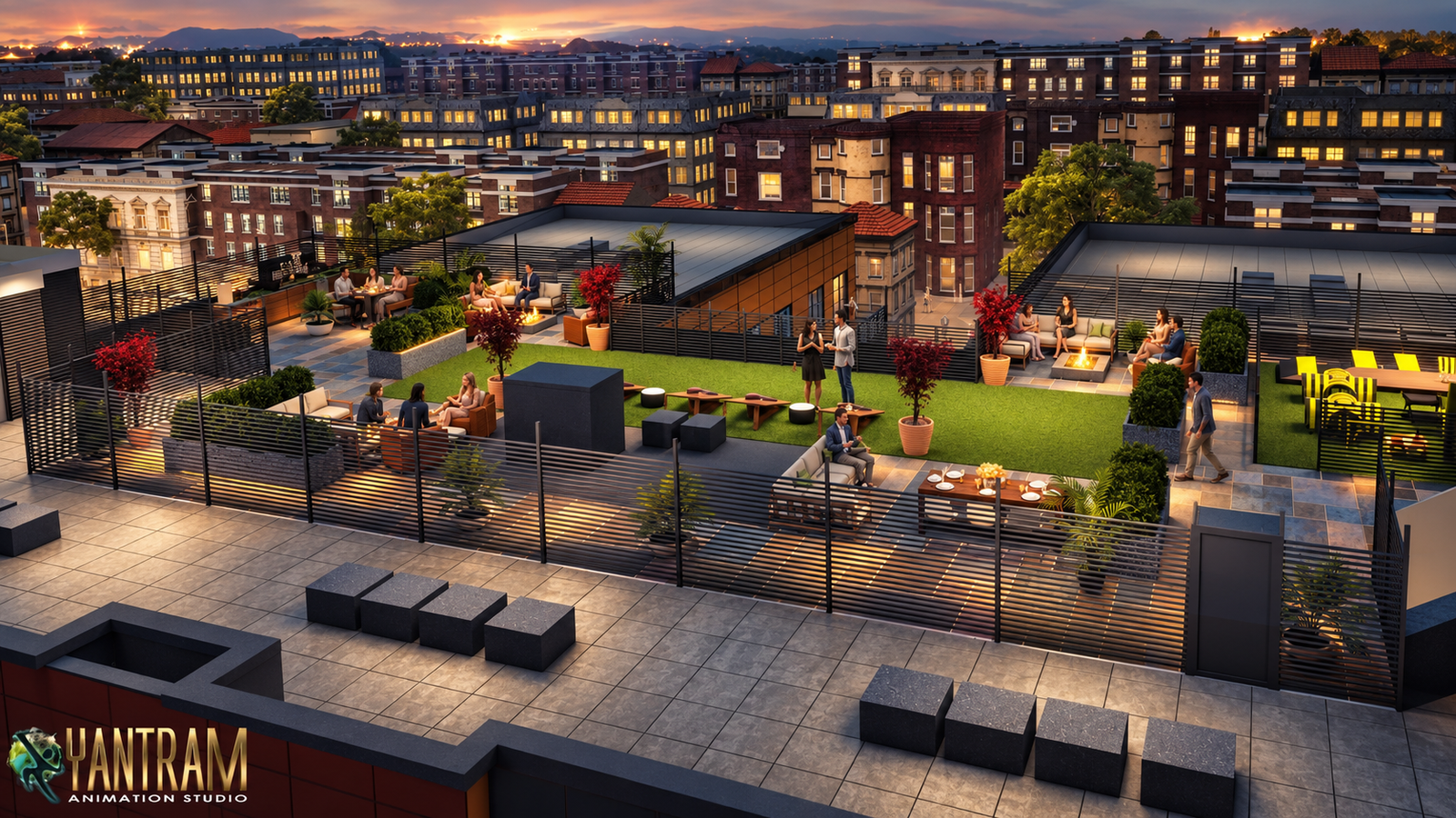 3D architectural visualization of a luxury rooftop terrace with landscaped seating areas, pergola structures, and city skyline at dusk. – 3D rendering by Yantram Studio