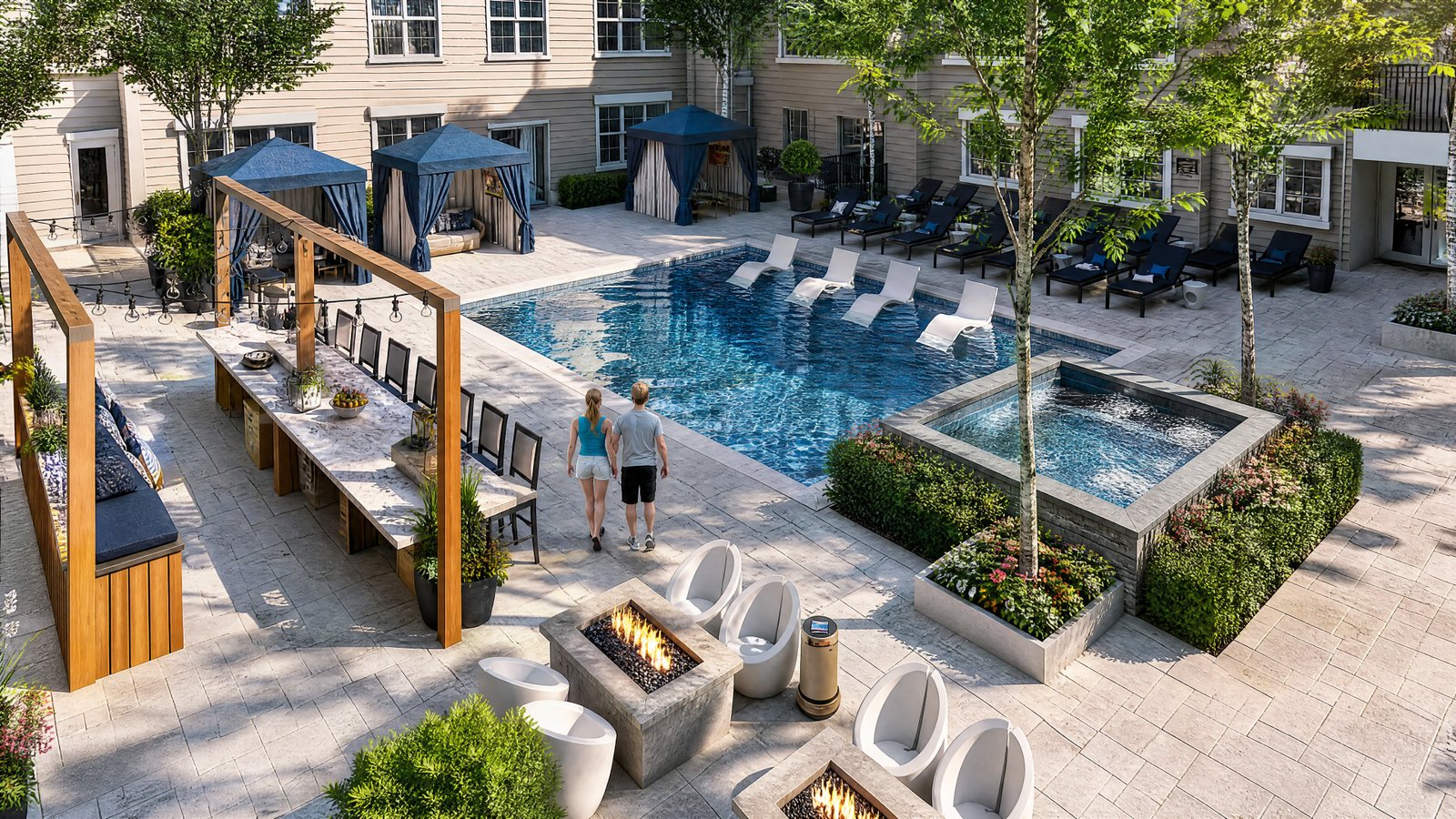 High-angle render of apartment pool deck with lounge chairs and hot tub
