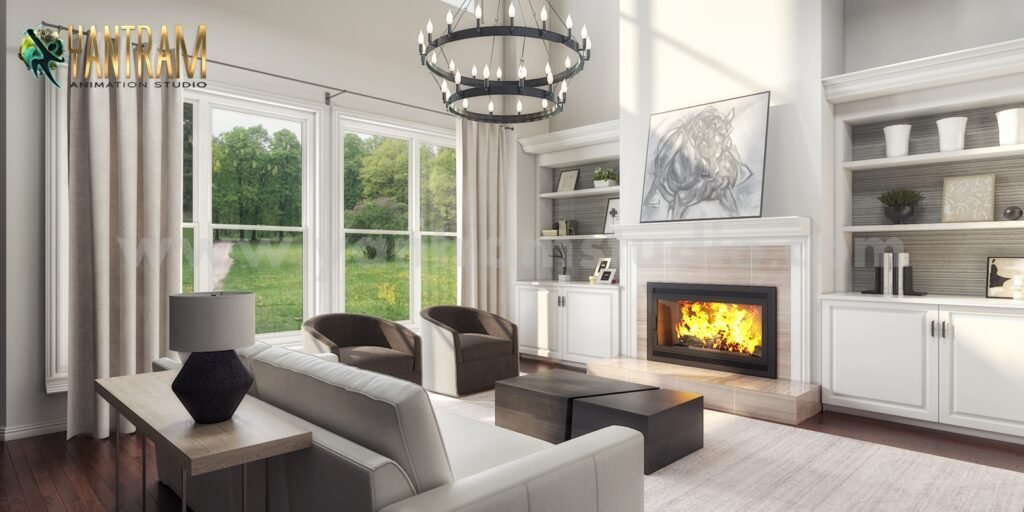 3D interior rendering of a modern tiny living room with a fireplace, large windows overlooking nature, built-in shelves, and contemporary furniture.