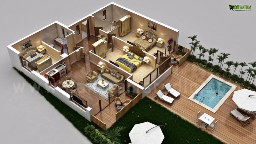 architectural, rendering, visualization, studio, services, design, view, residential, home, bungalow, villa, home, 3 bedroom, living room, kitchen, 1000 sq ft, modeling, designers, site view