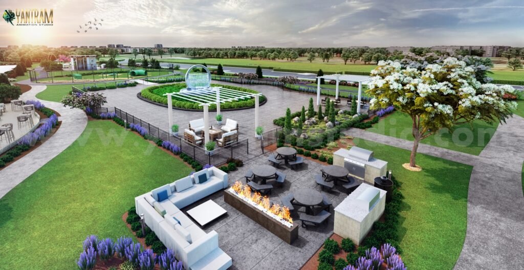 Luxury landscape garden visualization with outdoor seating lounge, fire pit area, pergola, decorative garden pathways, and central plaza — photorealistic landscape 3D rendering.
