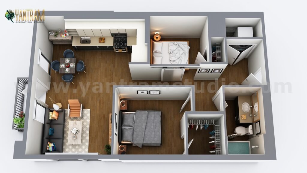 3D floor plan rendering of a compact apartment layout with bedroom, kitchen, living area, bathroom, and storage spaces.