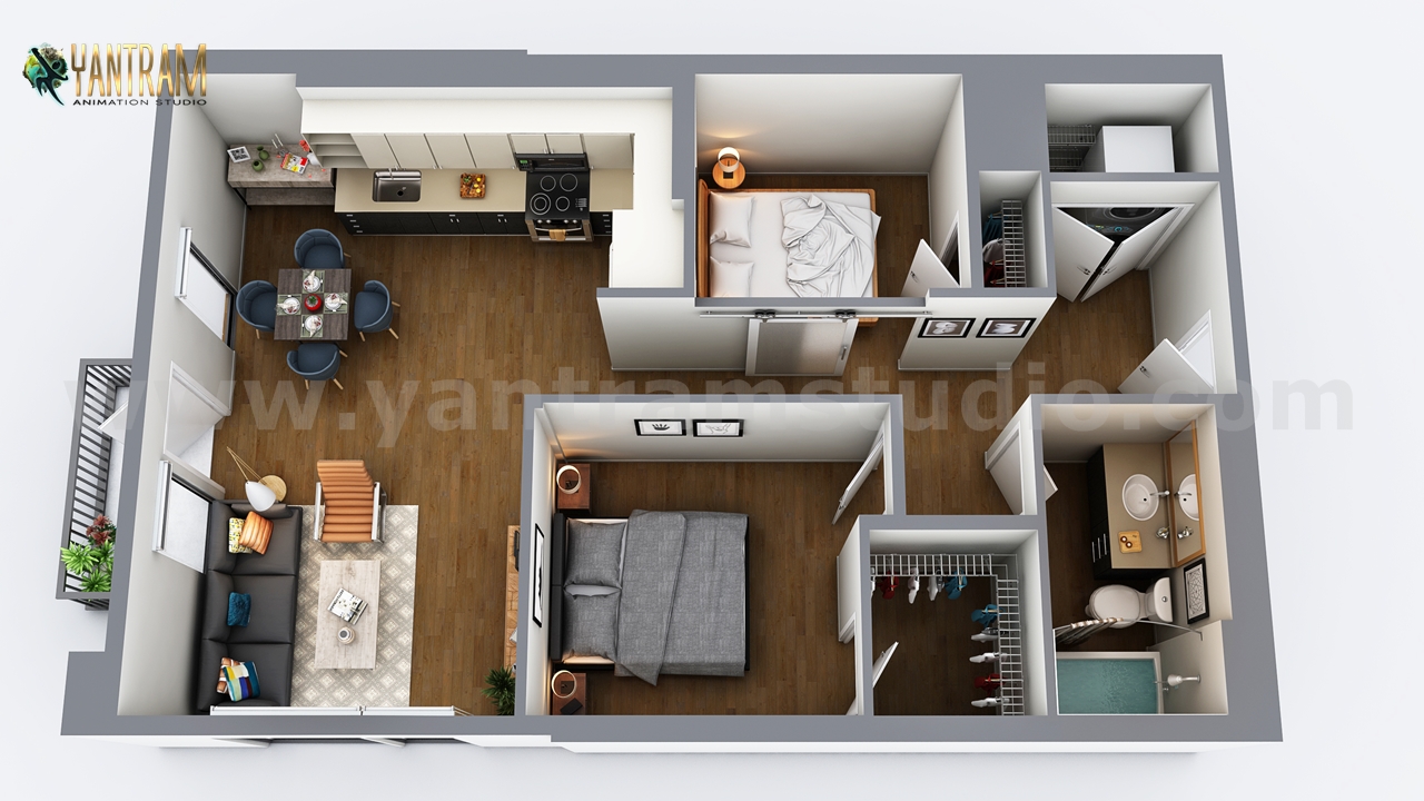 Two-Bedroom Residential House 3D Home Floor Plan Design by Architectural Rendering Companies-Los Angeles – California