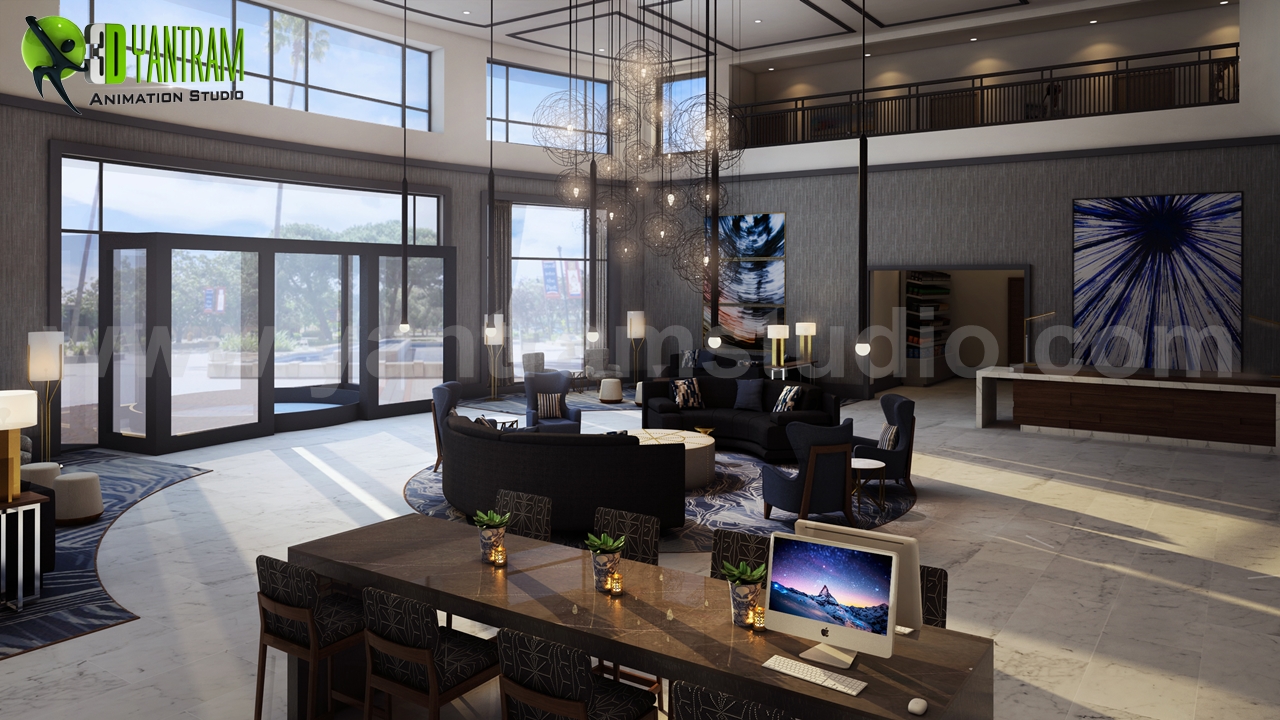 Attractive Hotel resort Lobby Waiting Area Photo realistic 3d interior rendering New-Jersey