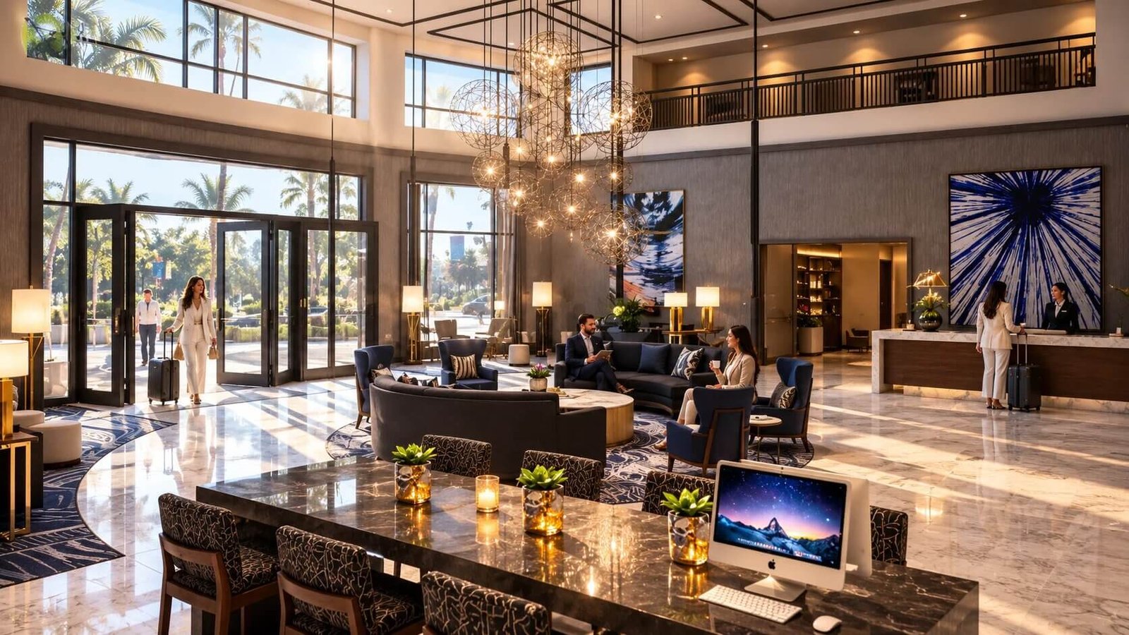 Attractive Hotel resort Lobby Waiting Area Photo realistic 3d interior rendering New-Jersey