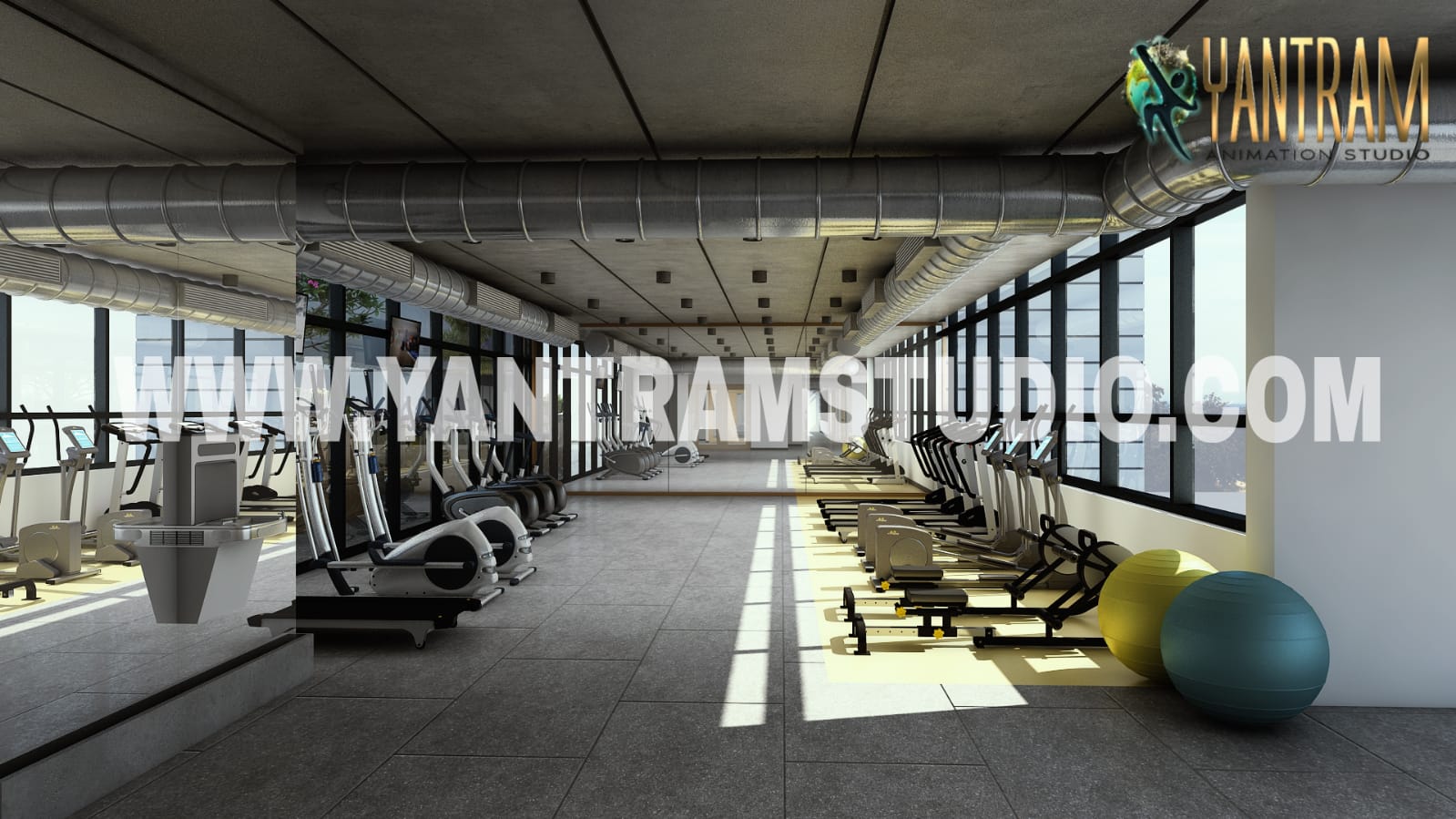 3d interior rendering visualization of Fitness Gym by 3d architectural animation, San Francisco, California