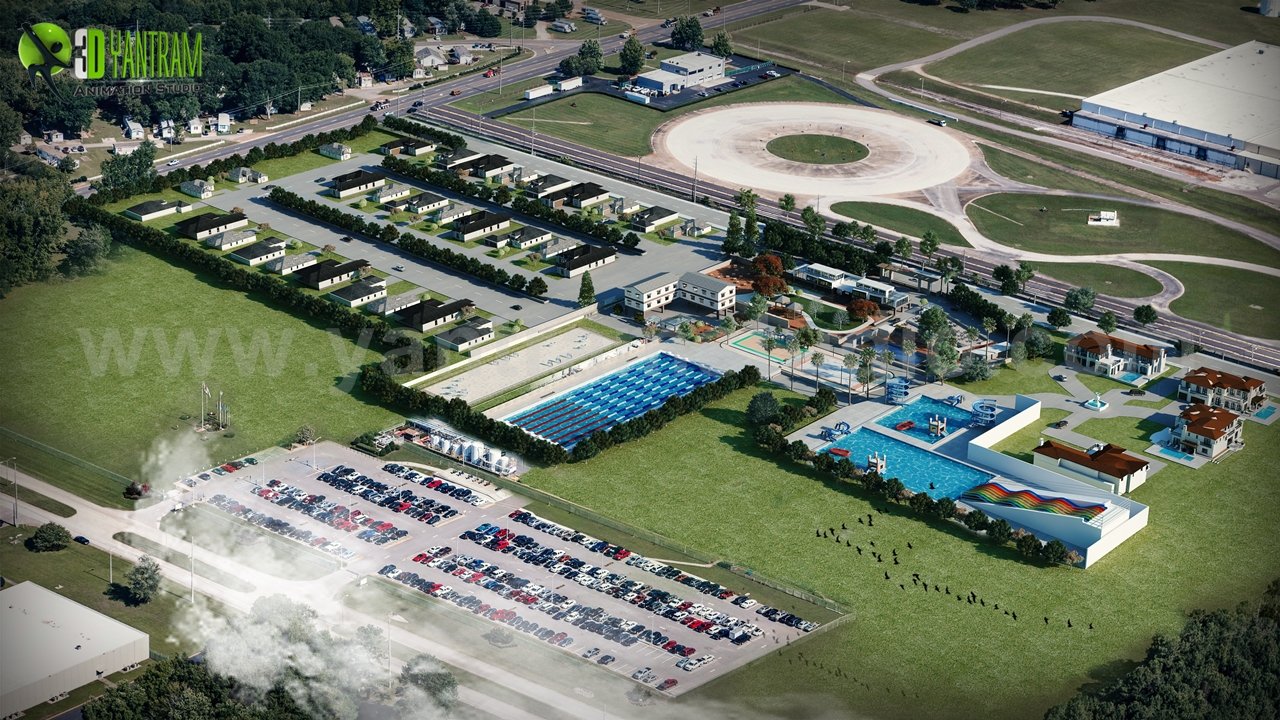 Aerial 3D site plan rendering of a large mixed-use development featuring residential blocks, sports facilities, recreational areas, parking zones, and landscaped open spaces.