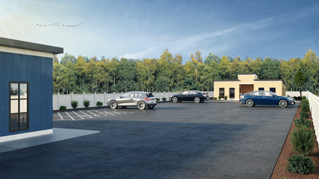 Modern Commercial Exterior with Parking Area – 3D Architectural Visualization Modern commercial parking lot with multiple cars, minimalist buildings, and landscaped greenery under a clear blue sky.