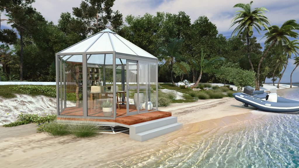 Beach Pavilion Architectural 3D Rendering Beach pavilion architectural rendering with glass structure, sandy shore, and tropical landscape.