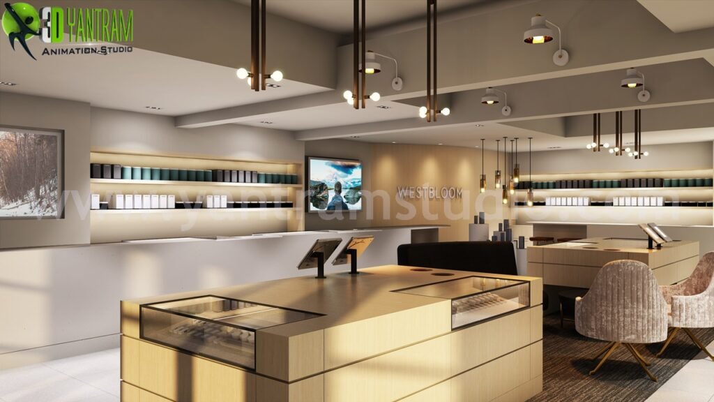Modern retail counter with built-in shelving, pendant lighting, and display surfaces