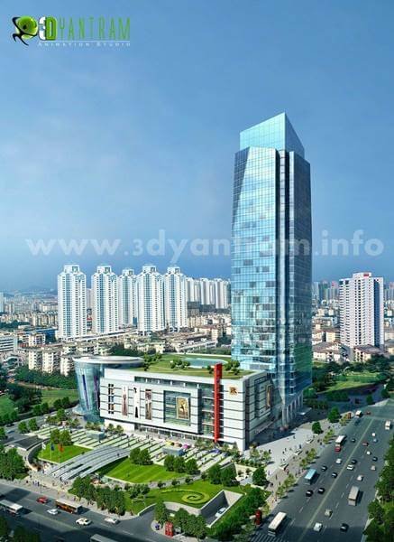 Photorealistic 3D exterior rendering of a modern glass skyscraper with retail podium in a dense urban cityscape during daytime.